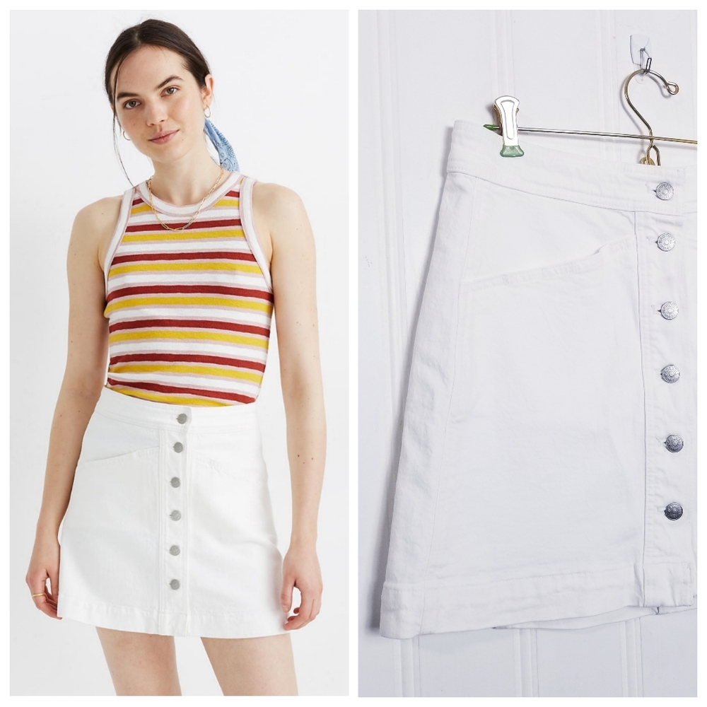 NWT Madewell Button Front Edition Denim Mini Skirt Size 6 A Line Stretch White